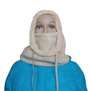 Unisex Ski Mask Balaclava Winter Hat Faux Fur Hooded Scarf w/ Drawstrings Khaki